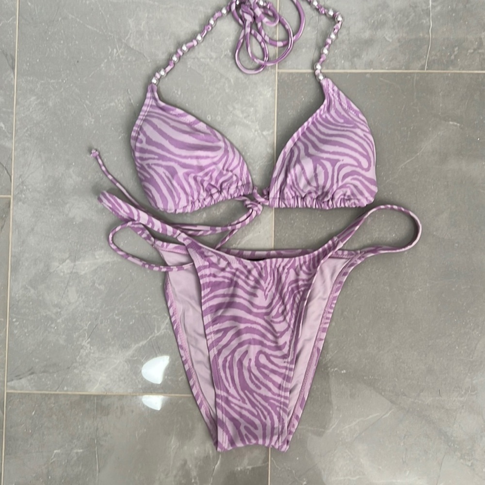 Kendall + Kylie Purple Triangle Bikini Set Pearl beaded